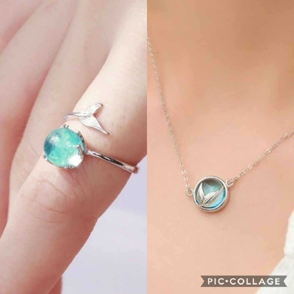 Mermaid tail blue water bubble necklace ring set